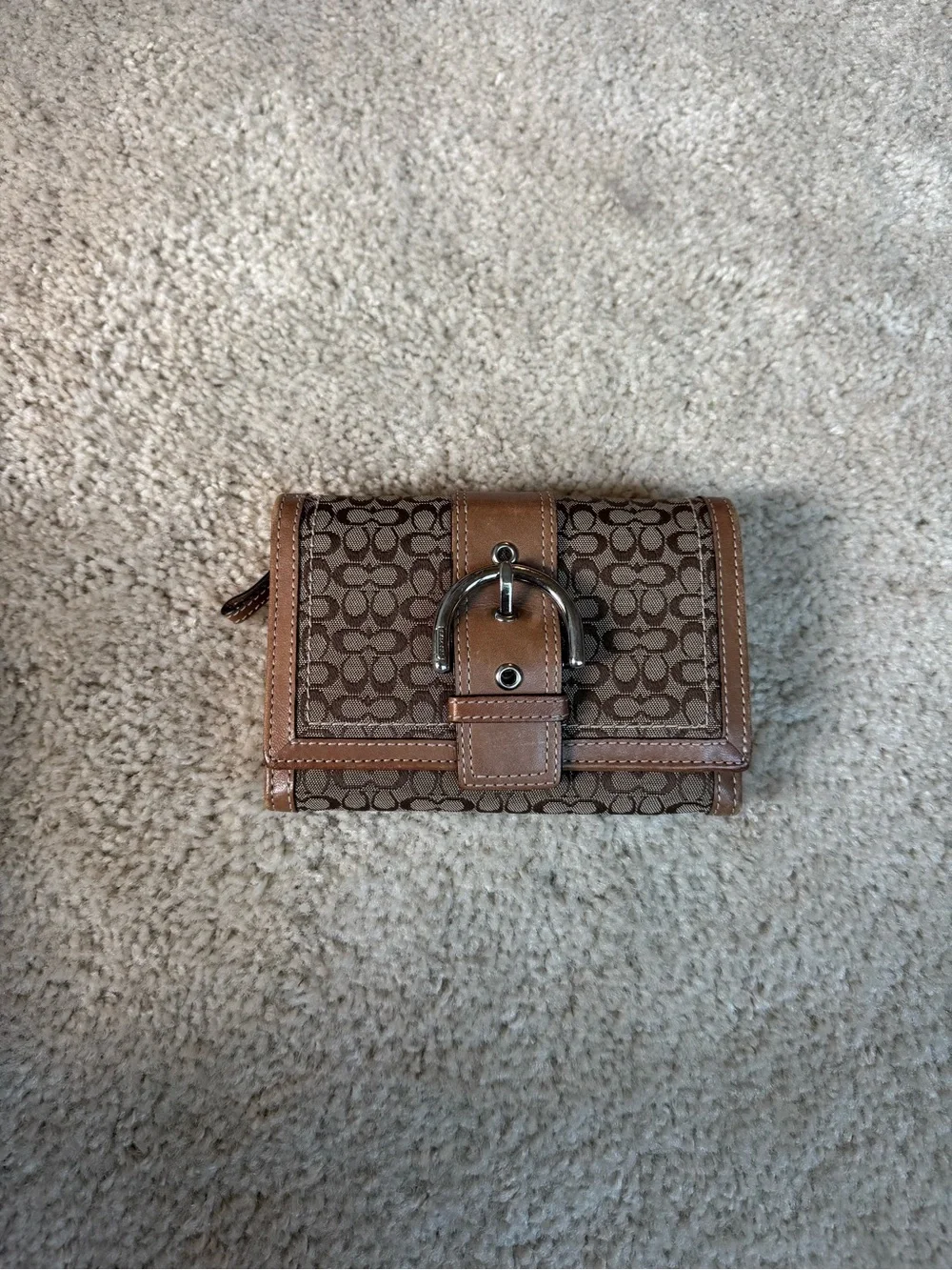 Vintage Coach Soho Brown Signature Pattern Buckle Flap Wallet - 6x4